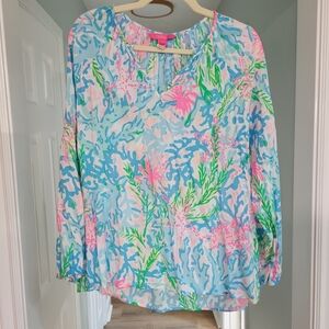 Lilly Pulitzer Coral Bay Pink Blue Willa Long Sleeve Top Shirt Blouse L